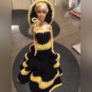 Barbie in Black and Yellow Crochet Doll Dress